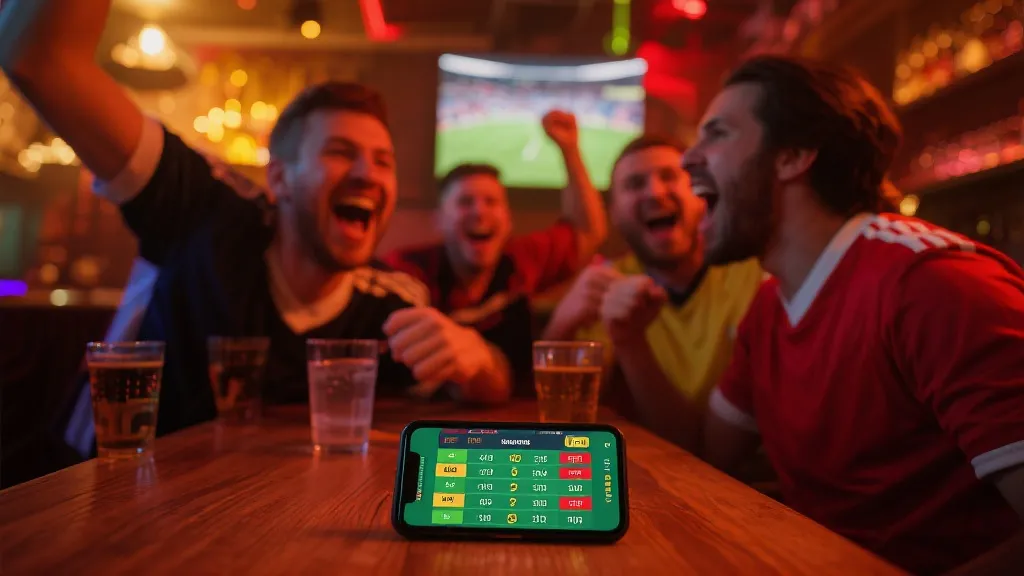 球迷在看世界杯,桌上有手机和比分界面